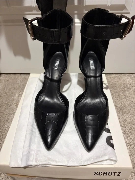 SCHUTZ Black Croc-Embossed Pointed Ankle Strap Heels No Box