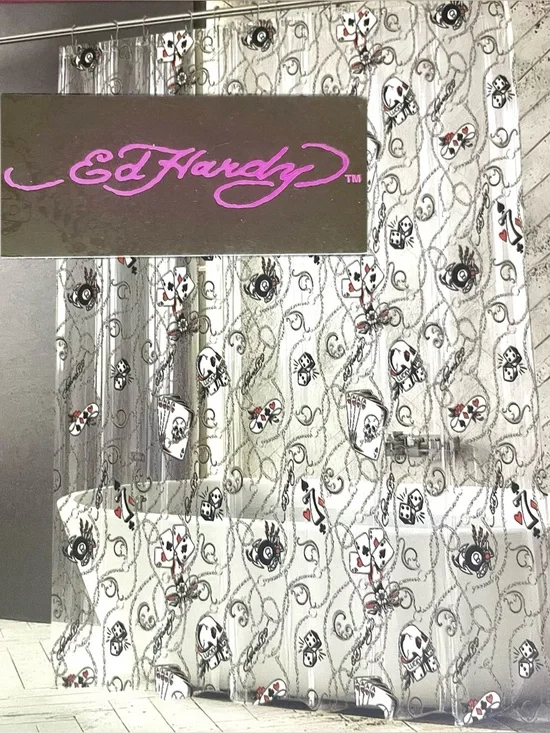 Ed Hardy LUCKY ACES Clear Shower Curtain Liner Cards 8-Ball Dice PEVA 72x72 NWT
