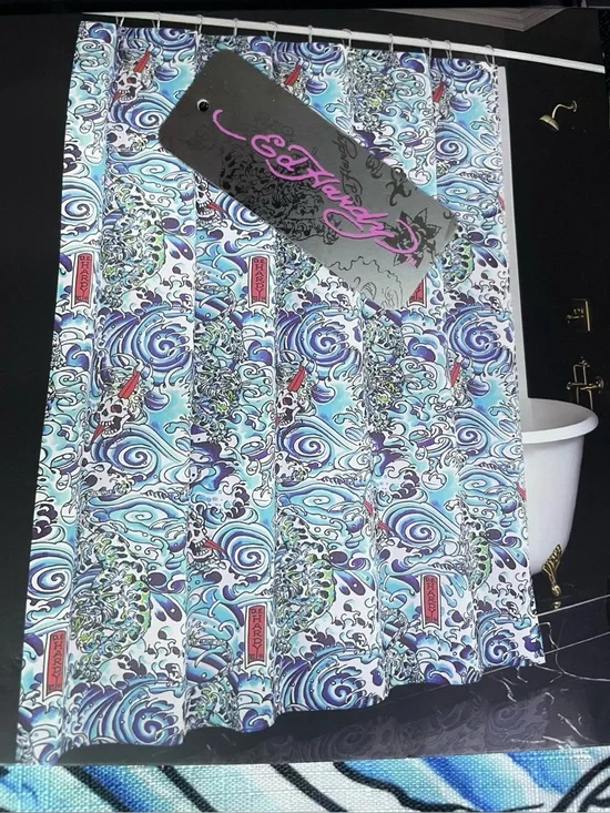 Ed Hardy 14-pc Shower Curtain Set Blue White Red Skull Waves Hooks 72x72 NEW NWT