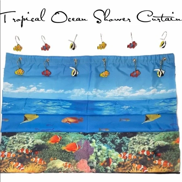 Shower Curtain Ocean Escape Set Curtain & Hooks Tropical Fish Nautical Beach