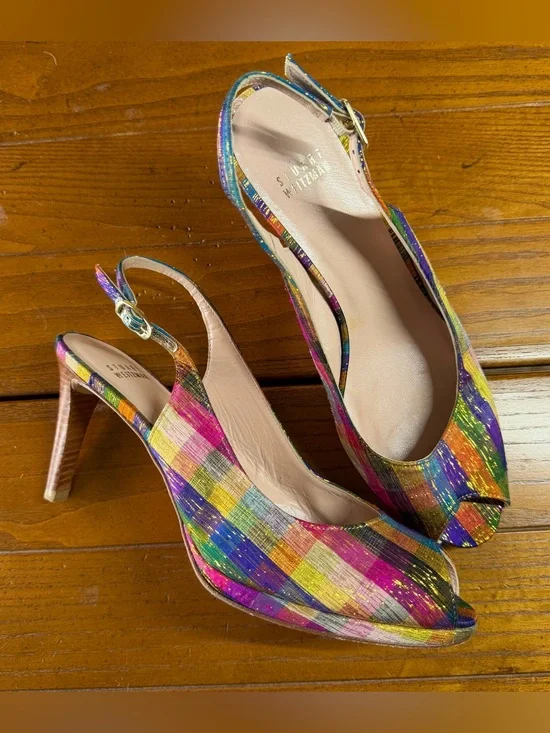 Stuart Weitzman Rainbow Metallic Plaid Peep-Toe Slingback Heels — Size 10M