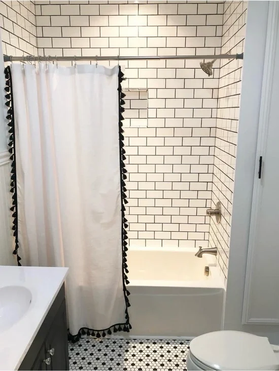 Echelon White Shower Curtain with Black Tassel Trim - Home Bath