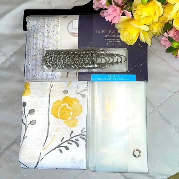 🆕 14pc Botanical Design SHOWER CURTAIN SET