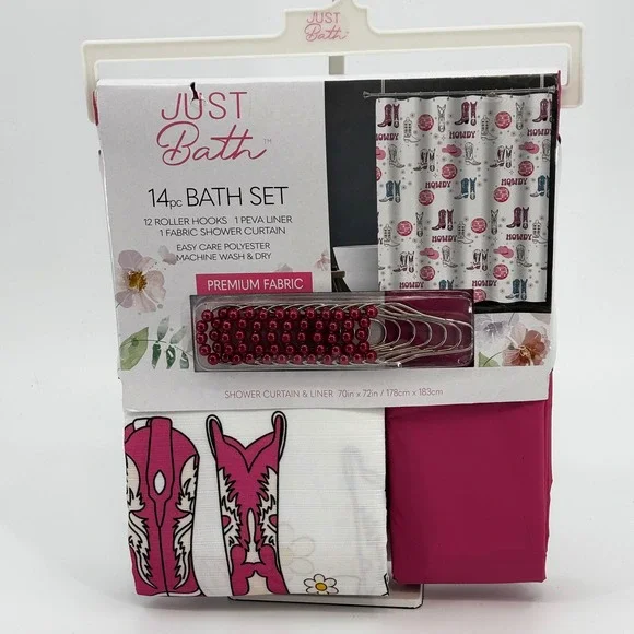 Just Bath Shower Curtain Set Pink Western Cowgirl Disco Howdy 14pc New Hat Boots
