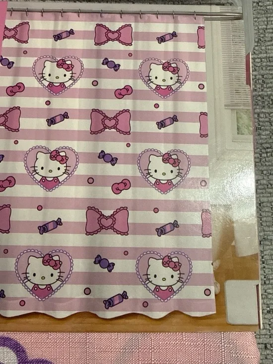 Hello Kitty Pink and White Striped Shower Curtain Panel with Hearts & Bows