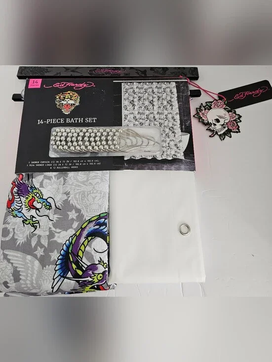 Ed Hardy 24 Piece Shower Curtain Set New With Tags! Tattoo Shadow Design