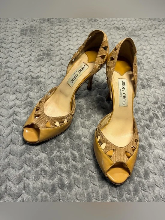 Jimmy Choo Mustard Yellow & Tan Cutout Peep-Toe Leather Heels