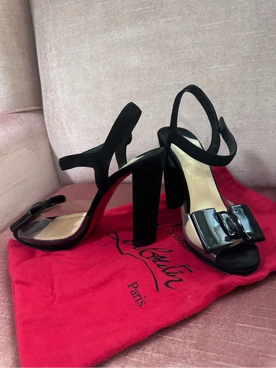 Christian Louboutin Black Patent Bow Block-Heel Sandals with Suede and PVC Vamp