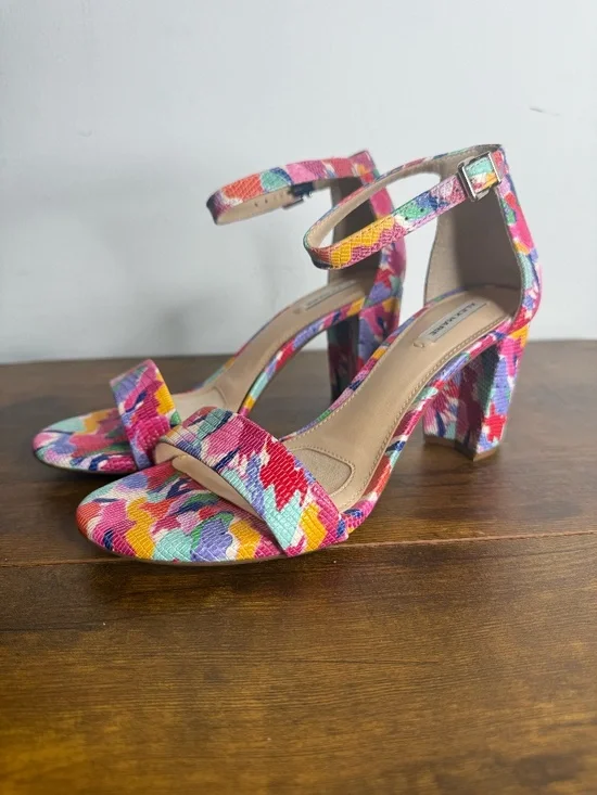 Alex Marie (7.5) sandals featuring a colorful watercolor print and a block heel