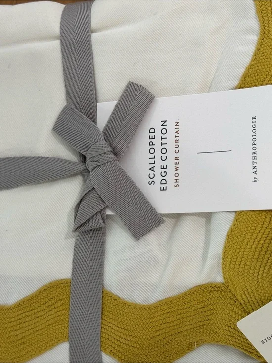 Anthropologie Scalloped Edge Cotton Shower Curtain  Mustard trim 72” sq