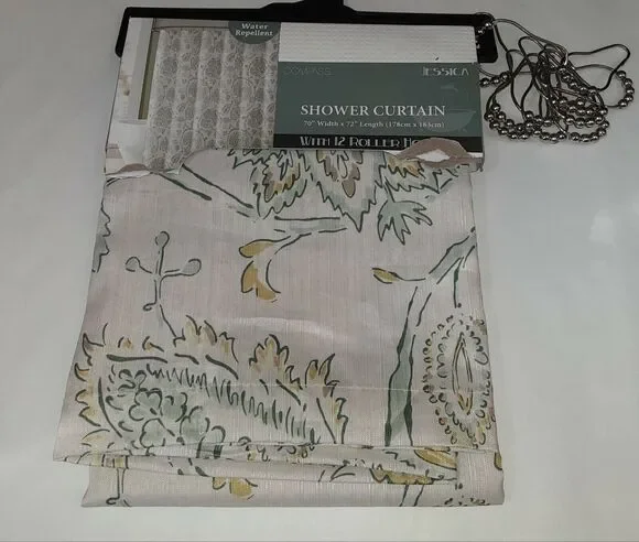 Compass Jessica Shower Curtain/12 Roller Hooks New 70x72 Soft Earthy...