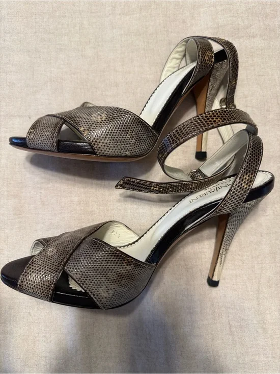 Yves Saint Laurent Brown Snakeskin-Effect Ankle-Strap Open Toe Stiletto Sandals