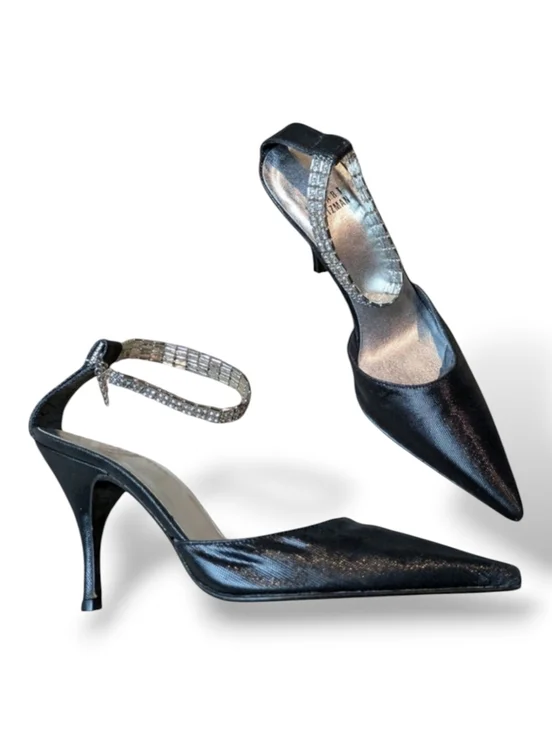 Stuart Weiztman Black D'Orsay Rhinestone Anklet Strap Stilettos Women's 5