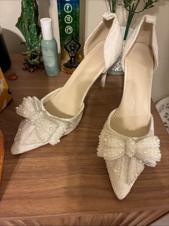 Pearl-Embellished Ivory Pointed Toe Heels - Womens
