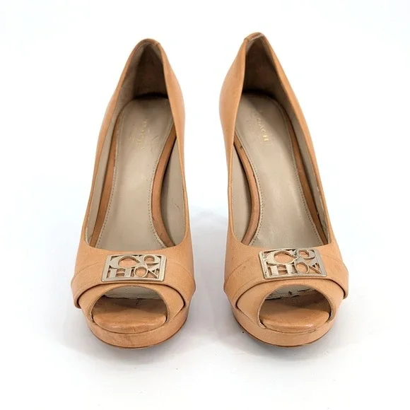 Coach‎ Aliya Tan Leather Peep Toe Platform Pumps Logo Buckle Size 7.5B Millenial
