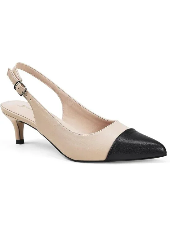 Women's Black And Nude Slingback Pump Pointed Closed Toe Low Kitten Heel Shoes
