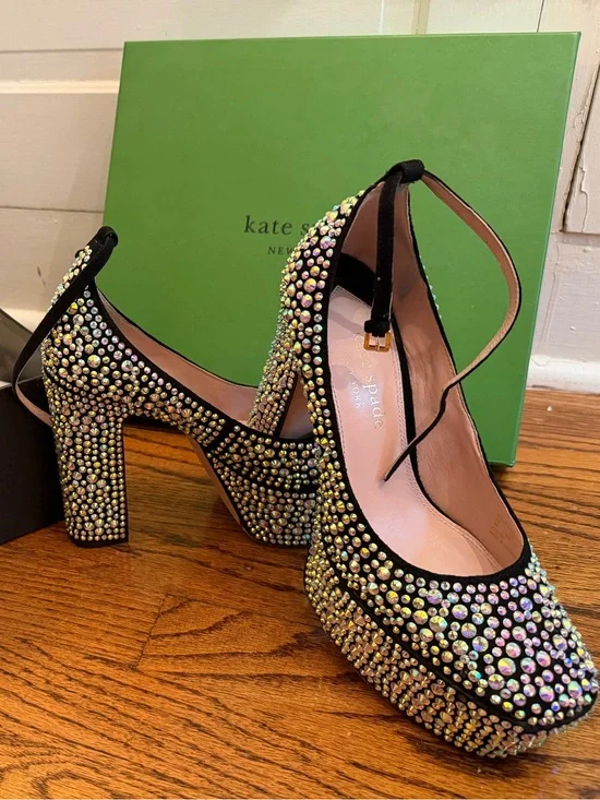 kate spade Gia Pave Black Crystal Platform Block Heel Pumps