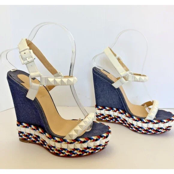 Christian Louboutin Cataclou Espadrille Sandals Red White Blue Denim Size 37 / 7