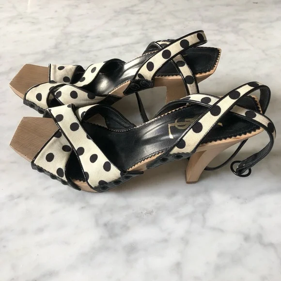 Yves Saint Laurent Black and Cream Polka Dot Slingback Heels