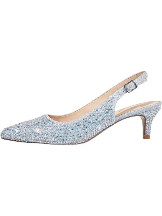 Womens Silver Rhinestone Slingback Pump Closed Toe Elegant Low Kitten Heel Shoes
