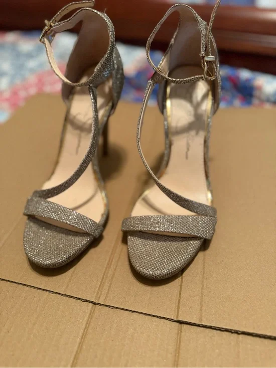 Jessica Simpson Glitter T-Strap Ankle Strap High Heel Sandals - Gold