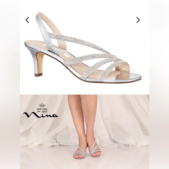 Nina New WOMENS SILVER GLITTER CRYSTAL SLINGBACK MID-HEEL EVENING