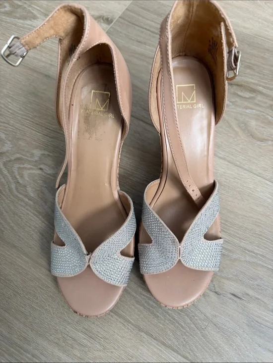 Material Girl Blush Nude Open-Toe Heels with Silver Crystal Straps