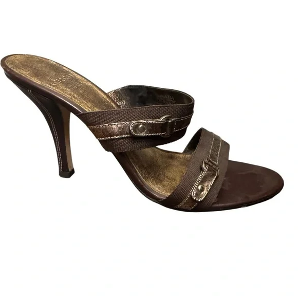 CIRCA JOAN & DAVID Leather And Canvas SZ 8 Open Toe Heel 2 Strap Y2K Bronze EUC