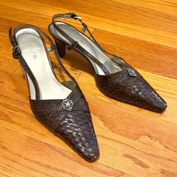 Vintage 90s UNISA Brown Leather Slingback Heels Pointed Toe Jewel Accent Sz 9.5