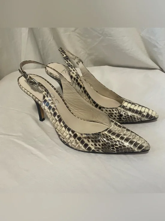 KORS Michael Kors Beige and Black Snake-Print Slingback Pumps