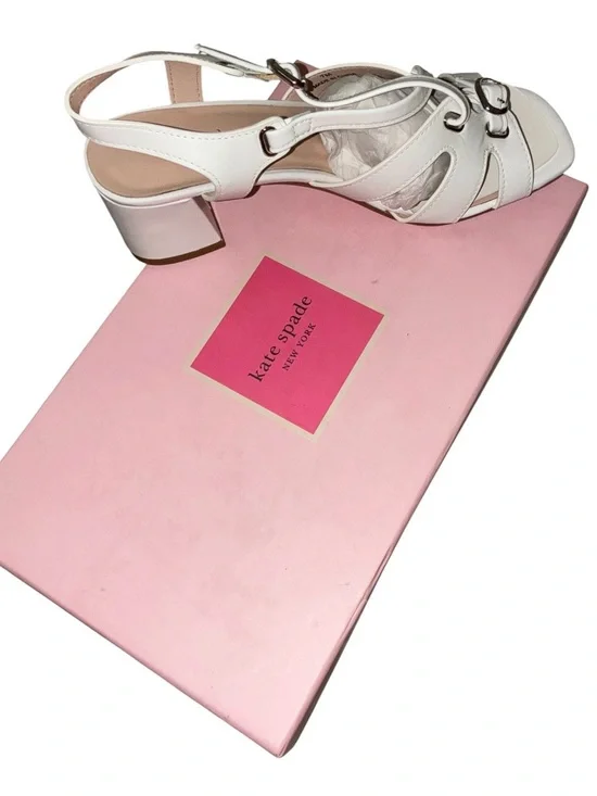 Kate Spade New York Ella Sandals in white leather w/block heel and silver Sz 7