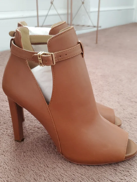 MICHAEL Michael Kors Peep-Toe Ankle Booties with Gold Buckle