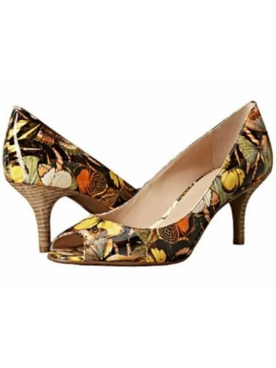 Rare Unique Tahari Butterfly Print Peep Toe Heels Size 7 Black Orange Retro MCM