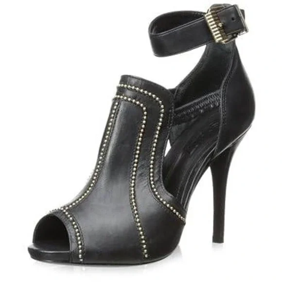 Schutz Womens Cwen Black Leather Gold Studded Peep Toe Stiletto Heels 10B