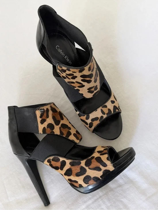 Calvin Klein Sonia  Calf Hair Leopard Print Platform Sandals