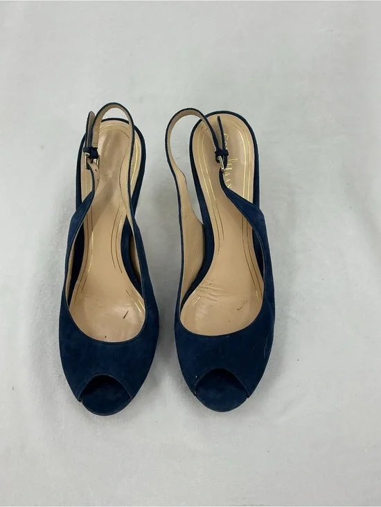 Cole Haan Navy Suede Peep-Toe Slingback Heels b59