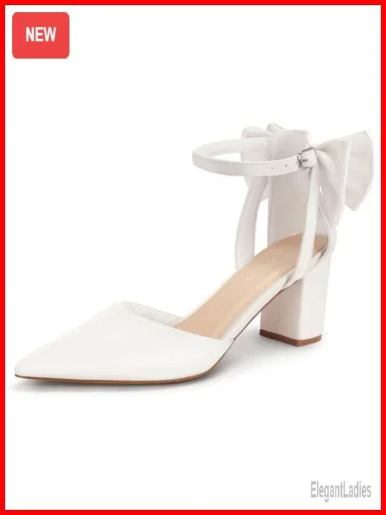 Closed Pointed Toe Heels with Bow Low Chunky Block Heel Ankle Strap D'Orsay