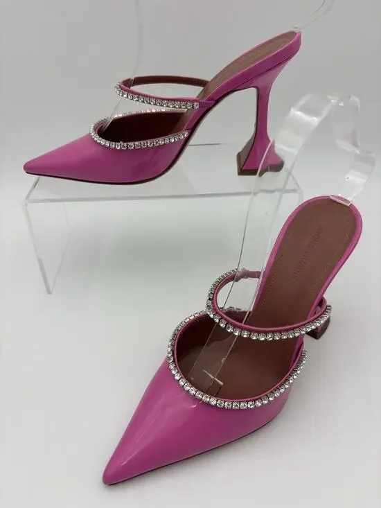 Amina Muaddi Gilda Mules Crystal Pink Patent Leather Size 36.5 / 6.5