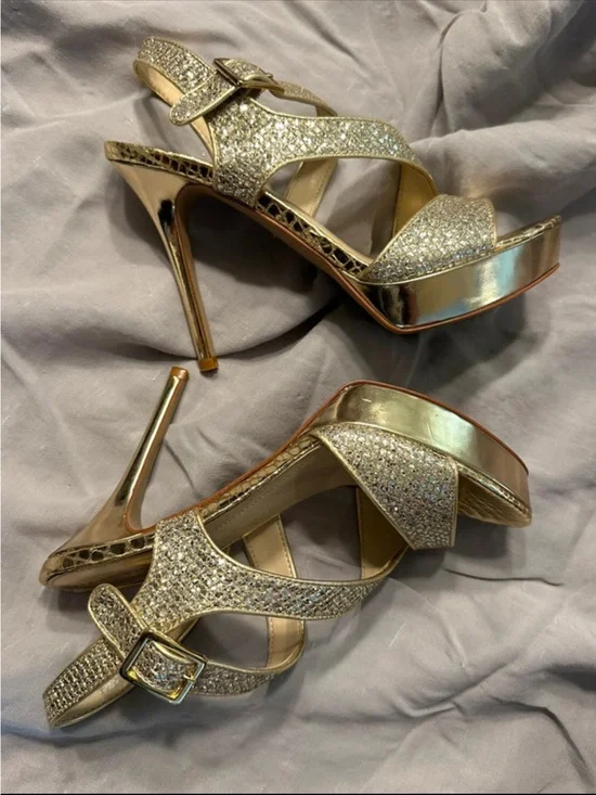Marc Fisher Gold Glitter Platform Stiletto Sandals