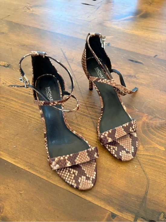 Michael Kors Brown Snake-Print Strappy Ankle-Heel Sandals