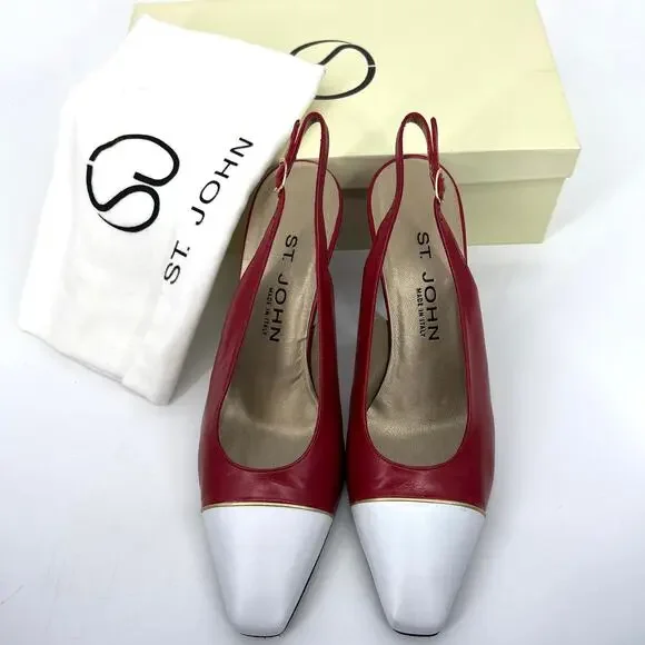 St. John Italy Red White Leather Slingback Heels Shoes Size 8 with Box dust bag