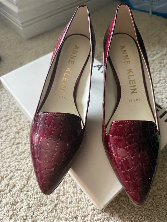 Anne Klein Burgundy Croc-Embossed Pointed Toe Flats