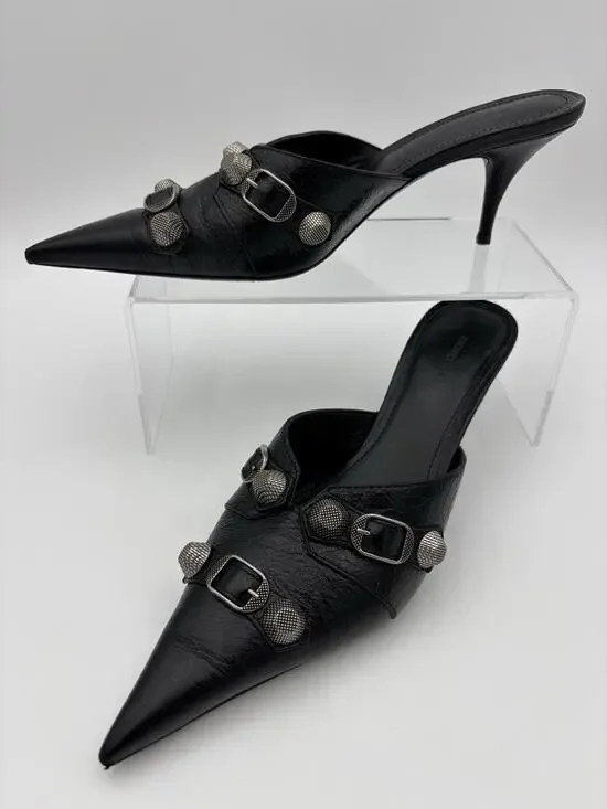 Balenciaga Point Toe Mules Black Leather Studded Size 39 / 9 Kitten Heel
