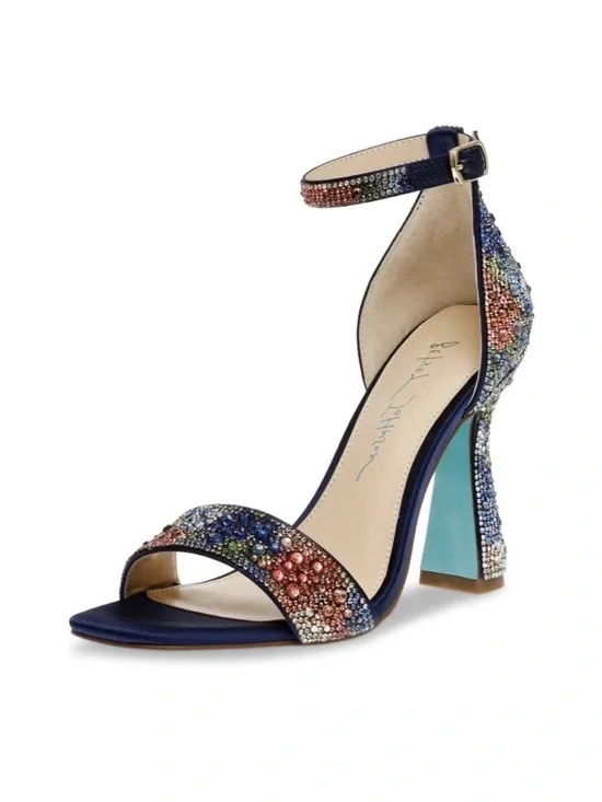 Betsey Johnson Navy Satin Multi-Crystal Ankle Strap Block Heel