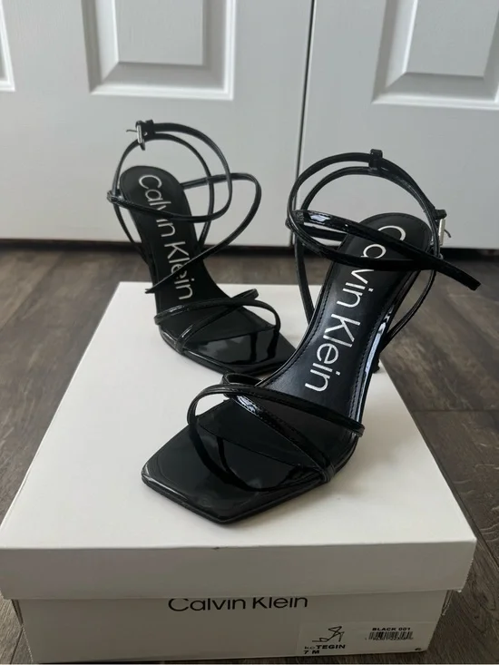 Calvin Klein Black Patent Strappy Square-Toe Heels