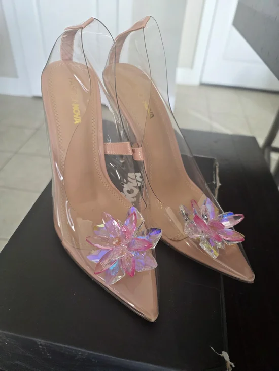 Clear PVC Pointed-Toe Pumps with Pink Floral Accent - Women