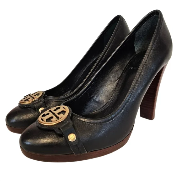 Tory Burch Wooden Tall Heel Calista Pumps Gold Logo