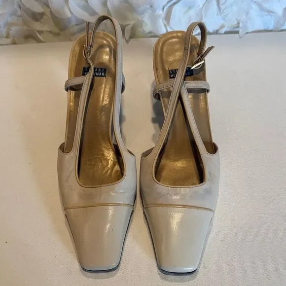 Stuart Weitzman Beige Square-Toe Slingback Pumps