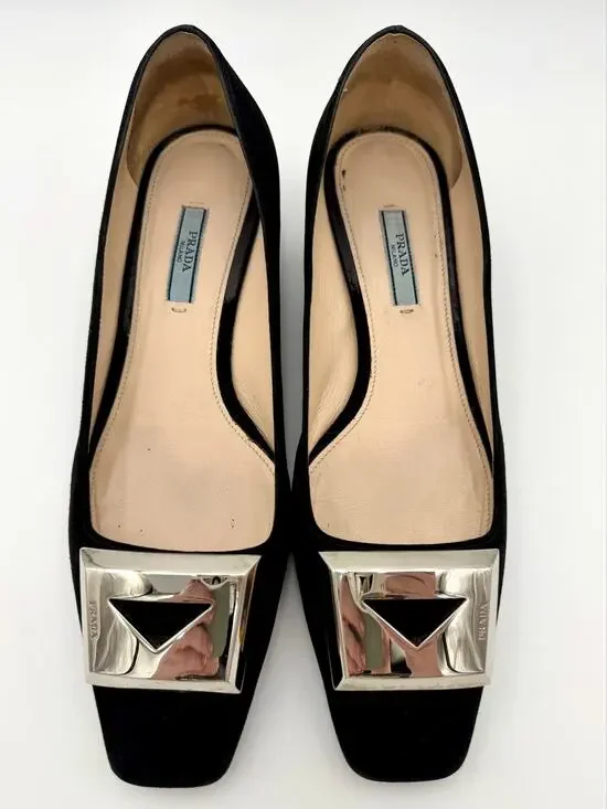 Prada Square Toe Pumps Black Suede Size 39.5 / 9.5 Metal Buckle Logo