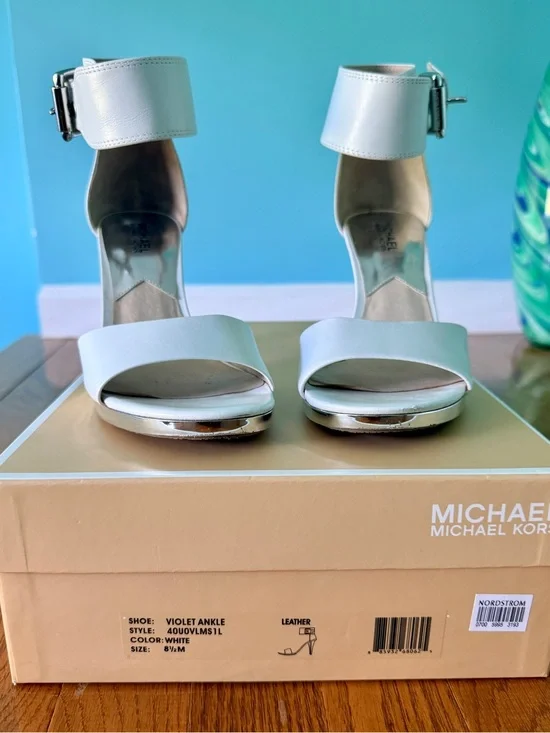 Michael Kors White Ankle-Strap Block Heel Sandals